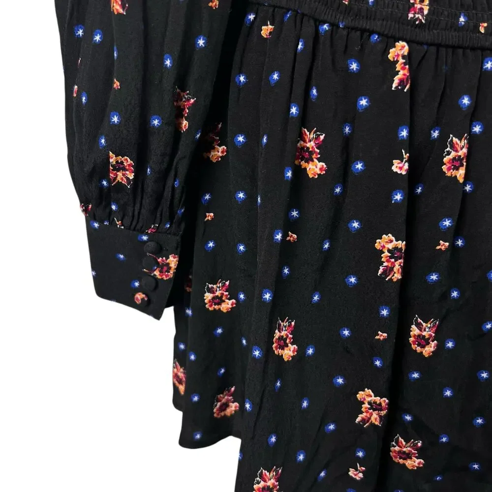Free People Two Faces Mini Dress Black Floral Smocked‎ Long Sleeve Size S